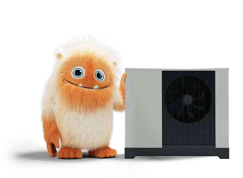 mascotte d'Oméo à côté de sa pompe à chaleur