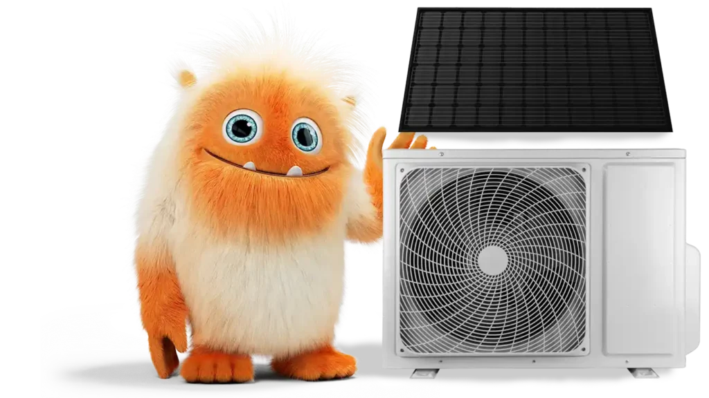 mascotte d'omeo posant avec une pompe à chaleur équipée d'un panneau solaire